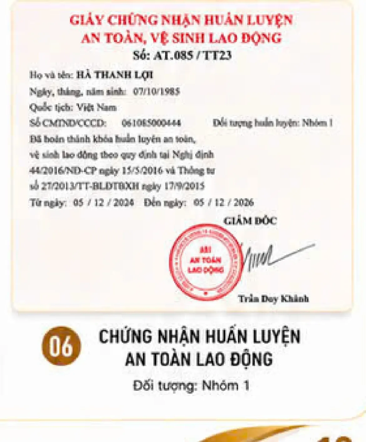 Chứng nhận An toàn, vệ sinh lao động